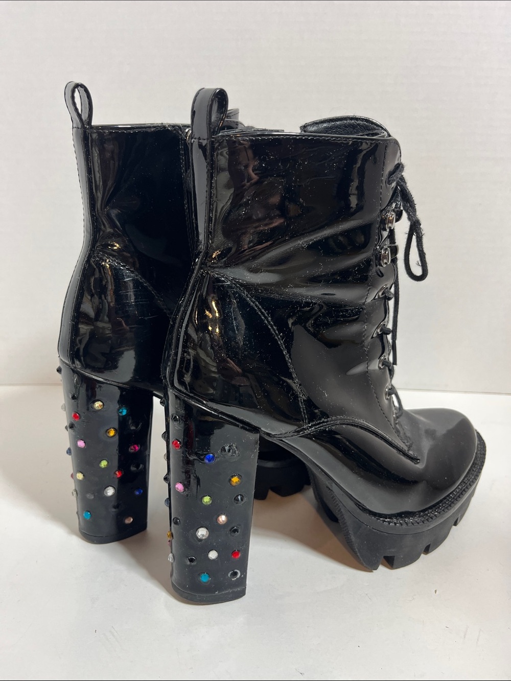 Black Patent Lace-Up Platform Heeled Boots with Multicolor Gem Accents